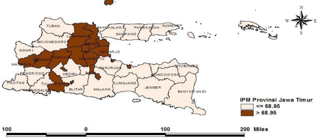 Gambar 4.8  Peta Persebaran Wilayah Provinsi Jawa Timur Berdasarkan Indeks  Pembangunan Manusia Tahun 2015 