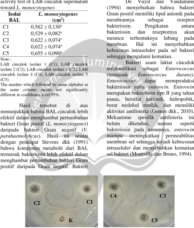 Table  4.  The  result  of  antibacterial  activity test of LAB cincalok supernatant  toward L