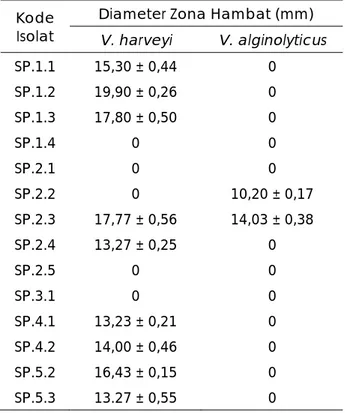 Tabel 2. menunjukkan isolat SP.2.3  dapat menghambat kedua bakteri  patogen dengan besar zona hambat  sebesar 17,80 ± 0,56 mm terhadap Vibrio 