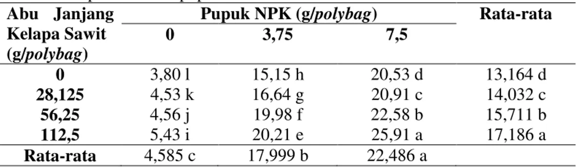 Tabel 6.  Rata-rata berat kering bibit kakao (gram) dengan pemberian abu janjang    kelapa sawit dan pupuk NPK 
