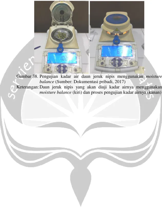 Gambar 38. Pengujian   kadar   air   daun   jeruk   nipis   menggunakan   moisture  balance (Sumber: Dokumentasi pribadi, 2017) 