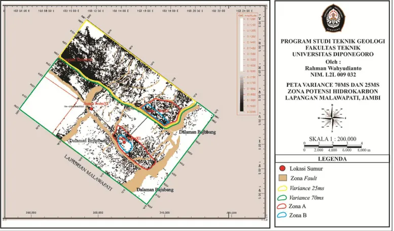 Gambar 11. Deliniasi zona prospek hidrokarbon pada Peta Variance Cube 25ms dan  70ms  Lapangan Malawapati, Sub-Cekungan Jambi, Cekungan Sumatera Selatan 
