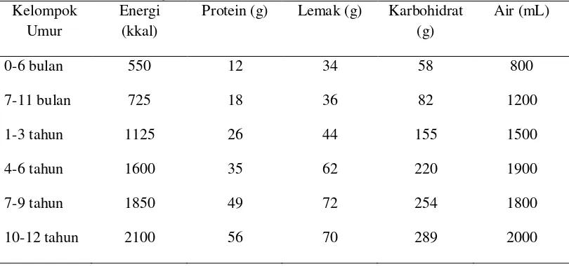 Tabel 2.1. Angka Kecukupan Energi, Protein, Lemak, Karbohidrat, dan Air yang Dianjurkan untuk Orang Indonesia 