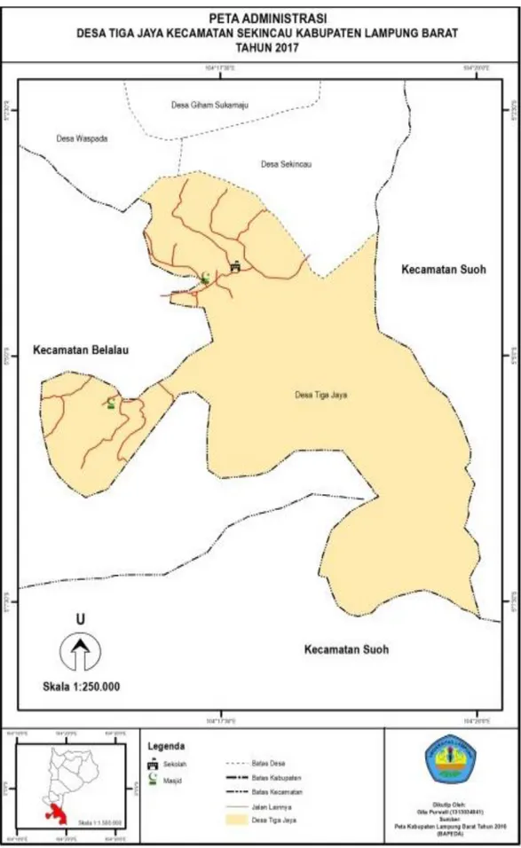 Gambar  1  :  Peta  administrasi  Desa  Tiga  Jaya  Kecamatan  Sekincau  Kabupaten  lampung Barat