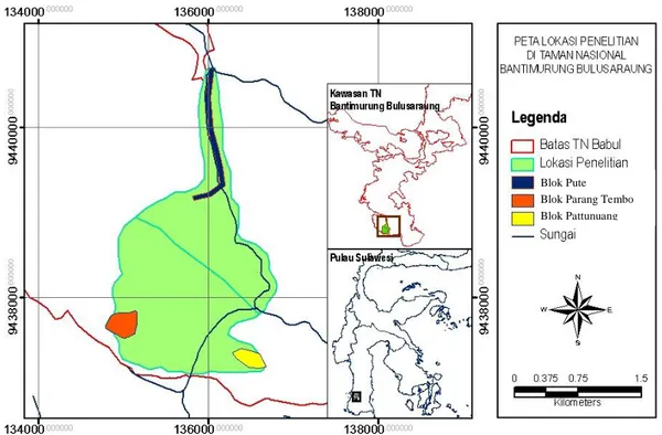 Gambar 1.  Lokasi penelitian di TN Bantimurung Bulusaraung  Penelitian di lakukan pada tiga lokasi yang berbeda 