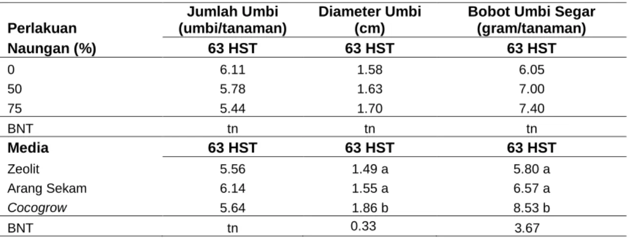 Tabel 4. Nilai Rata-rata Jumlah Umbi, Diameter Umbi dan Bobot Umbi 