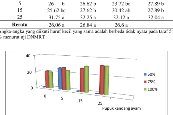 Tabel 1. Rata-rata tinggi tanaman selada dengan pemberian pupuk kandang ayam  dan persentase pemberian air yang berbeda