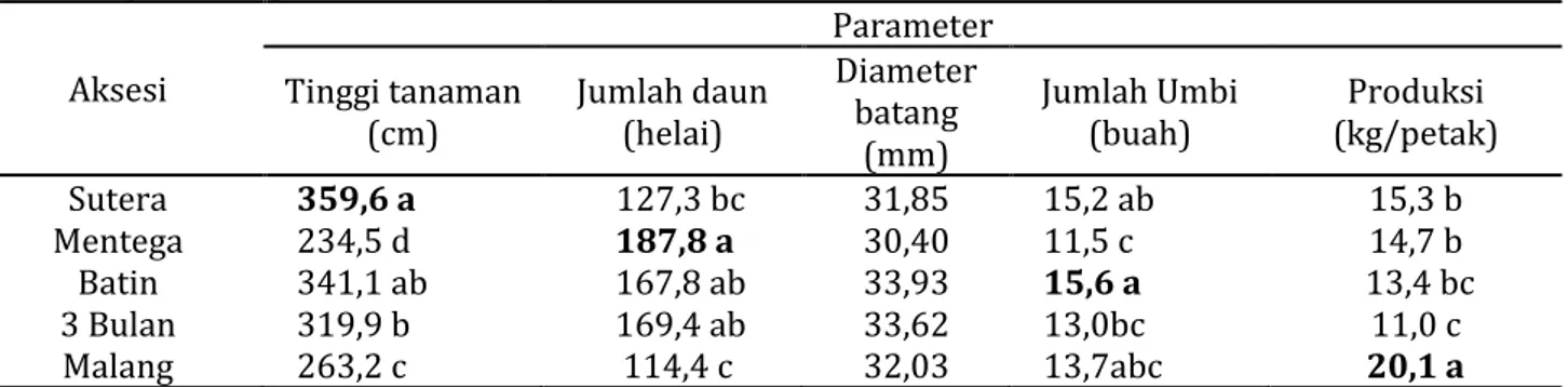 Tabel   2 . Uji   lanjut   DMRT rata-rata   tinggi  tanaman,  jumlah  daun,  diameter  batang, jumlah umbi dan  produksi pada aksesi ubi kayu    