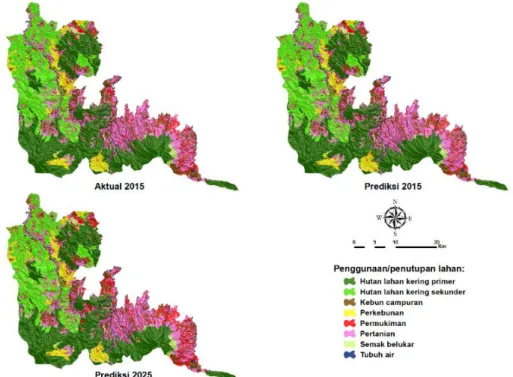 Gambar 7. Peta penggunaan lahan tahun 2015 aktual, prediksi tahun 2015 dan prediksi tahun 2025  Tabel 10