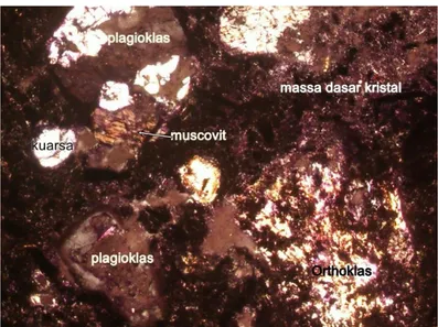 Gambar 7.  Kenampakan mikroskopis batuan andesit, sebagian mineral telah hancur dan  mengalami pelapukan (sayatan nikol silang dengan sekala 1 cm = 50 mm)