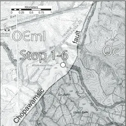Figure 11. Location of Stop 1-5. Mine Run 7.5′ quadrangle. Olg— Locust Grove tonalite; O CmII—Mine Run Complex Unit II; O CmIII—Mine Run Complex Unit III.