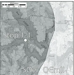 Figure 4. Location of Stop 1-1. Lahore and Belmont 7.5′ quadrangles. SOe—Ellisville granodiorite; O CmII—Mine Run Complex Unit II