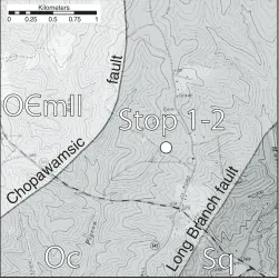 Figure 6. Location of Stop 1-2. Belmont 7.5′ quadrangle. O CmII—Mine Run Complex Unit II; Oc—Chopawamsic Formation; Sq—Quantico Formation.