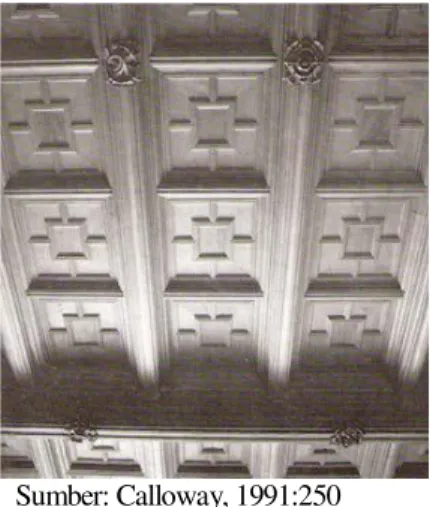 Gambar  8.  Pola  plafon  pada  perpustakaan  yang  meng- meng-gunakan  bentuk  persegi  dari  material  profil  kayu  walnut,  terdapat  juga  detil  dekorasi  yang  rumit  karya  Richard  Norman Shaw di Cragside, Northumbia, 1872 