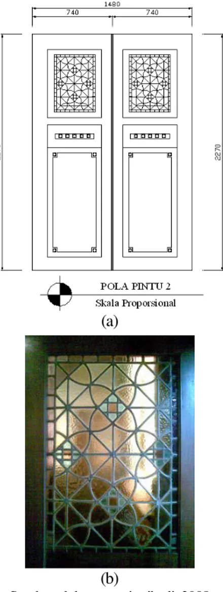 Gambar 18. Pola Pintu 3 yang terbuat dari kerangka kayu  jati  dengan  bentuk  yang  masih  geometris,  terdapat  detil  dekorasi  yang  digrafir  pada  kaca  transparan
