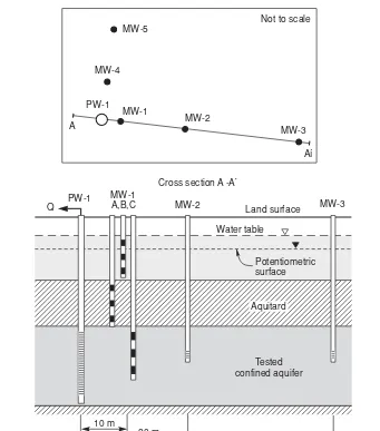 FIGUREcharacteristics and anisotropy of the tested conﬁned aquifer, and nature of the aquitard includingpossible leakage from the aquitard and the unconﬁned aquifer into the underlying conﬁned aquifer.MW-1 is a well cluster with each of the wells having mu
