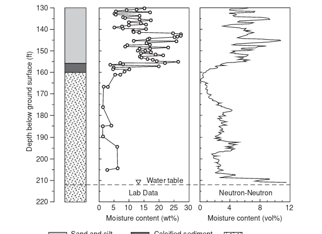 FIGURE 3.9Lithology and moisture distribution as a function of depth within a borehole in a deepvadose zone