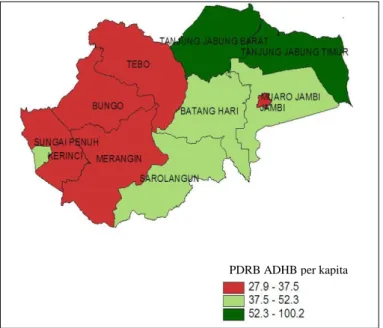 Gambar 4.2 Persebaran PDRB ADHB per kapita (X1)  Gambar 4.2 menunjukkan Kabupaten/Kota di Provinsi Jambi  berdasarkan data PDRB ADHB per kapita pada lampiran 1, pada  kategori  rendah  dan  sedang  Kabupaten/Kota  di  Provinsi  menunjukkan  persebaran  yan