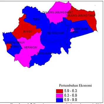 Gambar 4.5 Persebaran pertumbuhan ekonomi (X4)  Gambar 4.5 menunjukkan Kabupaten/Kota di Provinsi Jambi  berdasarkan data pertumbuhan ekonomi pada lampiran 1, dimana  terdapat  5  (lima)  Kabupaten/Kota  dengan  pertumbuhan  ekonomi  kategori tinggi yang b