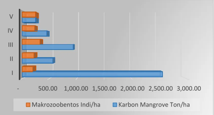 Gambar 3. Hubungan antara konsentrasi karbon mangrove dengan kelimpahan makrozoobentos Hubungan  antara  konsentrasi  karbon  pada  mangrove  dengan  kelimpahan  makrozoobentos pada setiap stasiun, pada stasiun I menunjukkan bahwa nilai konsentrasi  karbon