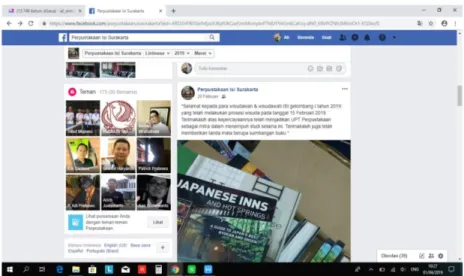 Gambar 2 Laman facebook Perpustakaan ISI Surakarta menyampaikan adanya    sumbangan buku dari mahasiswa alumni (wisuda Februari 2019) sekaligus ucapan terima kasih 