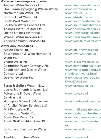 Table 1.6 List of the 10 water and sewerage companies and 16 water onlycompanies supplying drinking water in England and Wales and their webaddresses