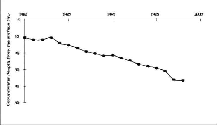 Figure 3.  Variation of groundwater depth from the surface (1980–1998), Jiuzhou, RenxianCounty, the Hebei Province.