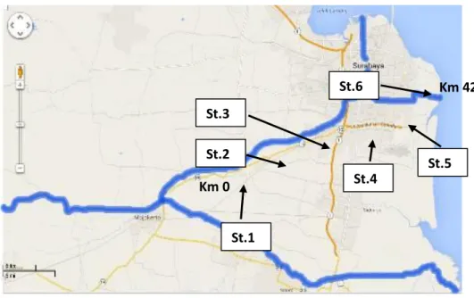 Gambar  1.  Denah  lokasi  stasiun  penelitian  (Dokumentasi:  Google  Maps,  2014).  St.1  =  Stasiun  1,  St.2  =  Stasiun 2, St.3 = Stasiun 3, St.4 = Stasiun 4, St.5 = Stasiun 5, St.6 = Stasiun 6