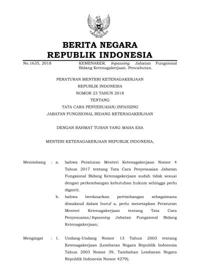 BERITA NEGARA REPUBLIK INDONESIA No.1635, 2018 KEMENAKER. Inpassing ...