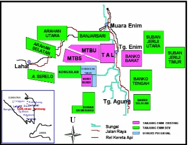 Gambar 1. Peta Lokasi Penambangan tanpa skala (PT. Bukit Asam (Persero),           Tbk, 2007) 
