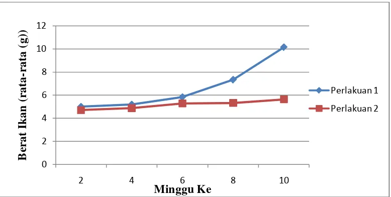 Gambar 2. Rata-rata dan Standar deviasi berat ikan patin dari minggu ke 2 sampai minggu ke 10 