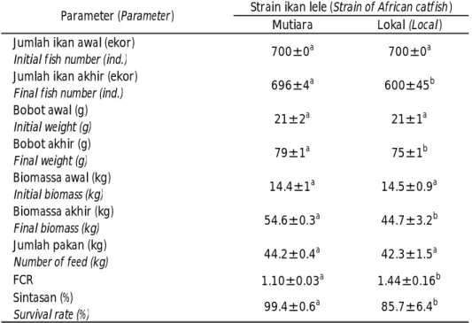 Table 1. Productivity of Mutiara strain and local strain of African catfish which were cultivated in concrete pond