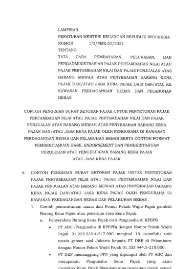 LAMPIRAN PERATURAN MENTERI KEUANGAN REPUBLIK INDONESIA 173/PMK.03/2021