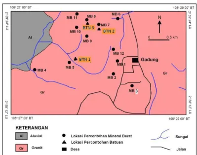 Gambar 3. Peta Geologi dan Lokasi Pengambilan Sampel Mineral Berat dan Batuan   di Desa Gadung dan sekitarnya, Toboali, Bangka Selatan  