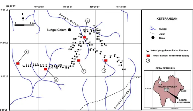 Gambar 2. Peta lintasan pengukuran kadar torium dan lokasi sampel konsentrat dulang di kawasan laterit bauksit