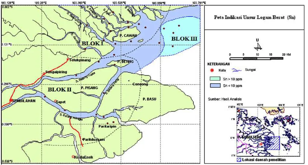 Gambar 2.  Peta indikasi unsur logam timah (Sn) pada sediment permukaan daerah Teluk Pinang dan sekitarnya, Provinsi Riau 