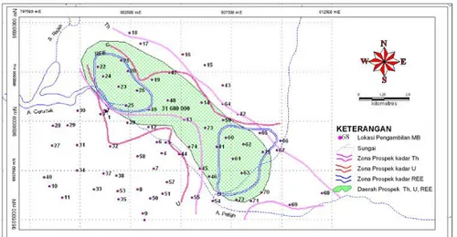 Gambar 14. Peta Area Potensial Kadar U, Th dan REE daerah Cerucuk, Badau, Belitung.  KESIMPULAN 