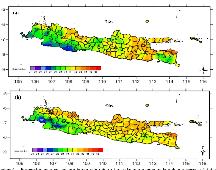 Gambar 4.   Perbandingan awal musim hujan rata-rata di Jawa dengan menggunakan data observasi (a) dan  data luaran RegCM3 terkoreksi (b)