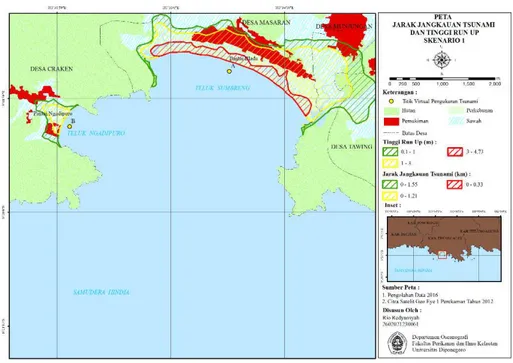 Gambar 3. Peta Daerah Jangkauan Tsunami dan Tinggi Run Up Skenario 1 Gempa 7,8 Mw  pada Kedalaman 20 km