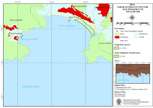 Gambar 7. Peta Daerah Jangkauan Tsunami dan Tinggi Run Up Tsunami 1994 (Banyuwangi)  Pembahasan 