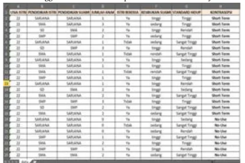 Tabel 1. Dataset Menggunakan Alat Kontrasepsi di RSIA Kusuma Pradja Semarang 