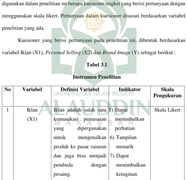 Tabel 3.1  Instrumen Penelitian 
