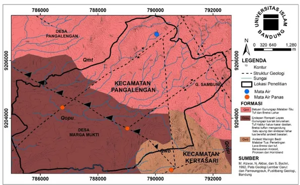 Gambar 2. Peta Litologi Desa Margamukti, Kecamatan Pangalengan, Kabupaten Bandung (dimodifikasi dari [6]).