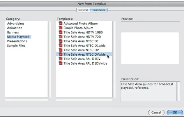 Figure 1.1 Selecting a template with action and title safe guides from the New from Template dialog box.