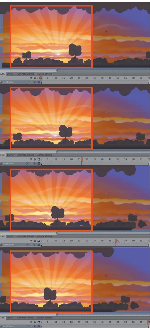 Figure 1.25 An example of hori-zontal parallax scrolling. Note how the tree has moved with respect to the relatively immobile sky in the background.