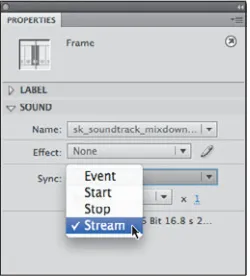 Figure 1.29 Set the sound behavior to Stream using the Sync menu in the Properties panel.