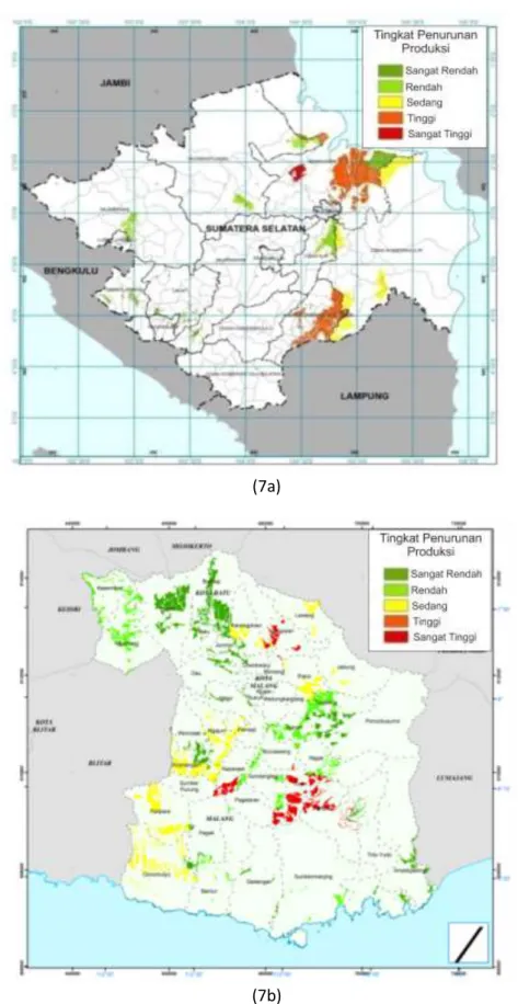 Gambar 7. Potensi penurunan produksi padi sawah: a) Sumatera Selatan b) Malang Raya 