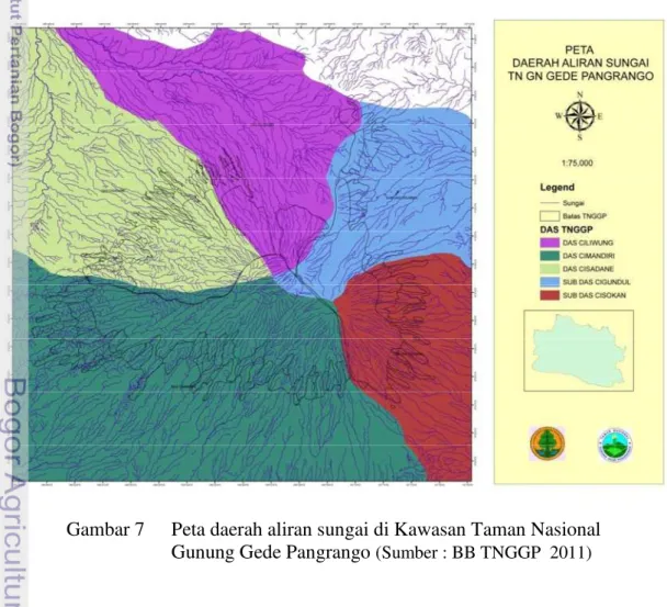 Gambar 7 Peta daerah aliran sungai di Kawasan Taman Nasional Gunung Gede Pangrango (Sumber : BB TNGGP 2011)