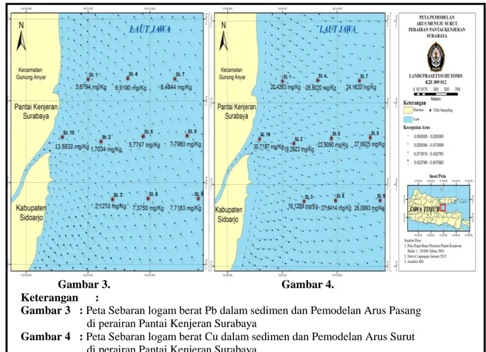 Gambar 3  : Peta Sebaran logam berat Pb dalam sedimen dan Pemodelan Arus Pasang  di perairan Pantai Kenjeran Surabaya 