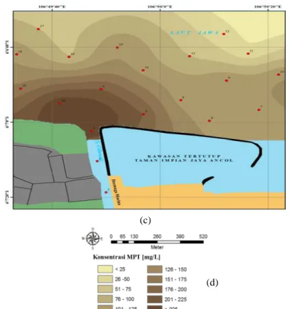 Gambar 3. Sebaran Material Padatan Tersuspensi(a)Kedalaman 0,2 d; (b)Kedalaman 0,6 d;   (c) Kedalaman 0,8 d; (d) Skala Konsentrasi MPT 